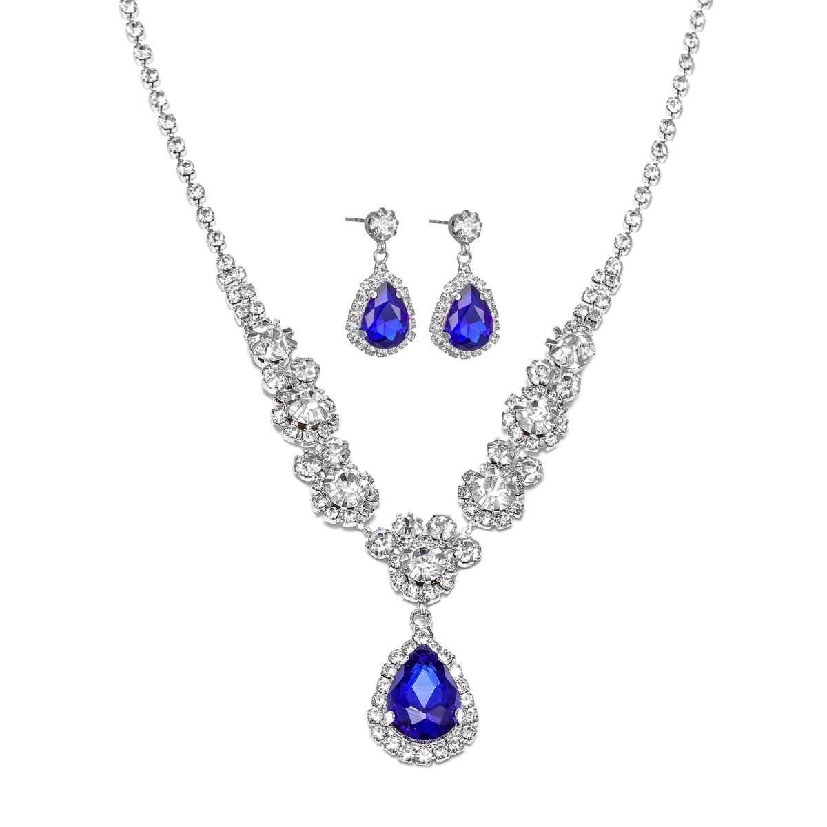 Dark Blue Rhinestone Necklace & Earrings 2-Piece Set